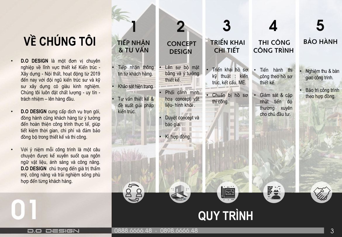 Trang hồ sơ D.O Design trình bày về chúng tôi và quy trình thiết kế thi công.