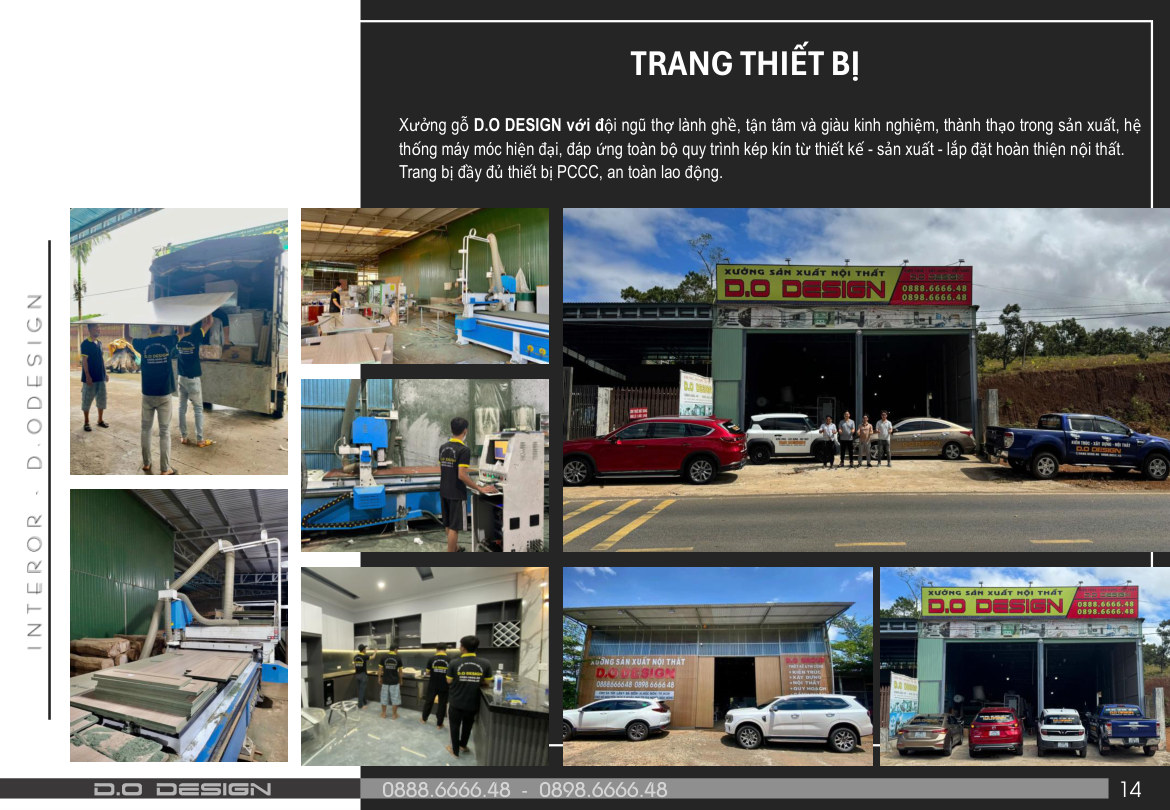 Trang hồ sơ D.O Design về trang thiết bị và xưởng gỗ nội thất.